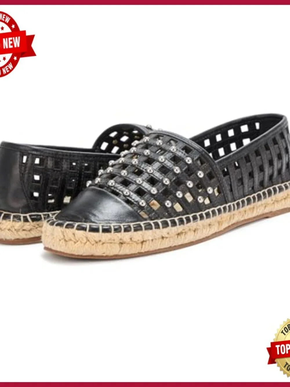 Studded Cage Espadrille Flats Leather Upper Jute Sole